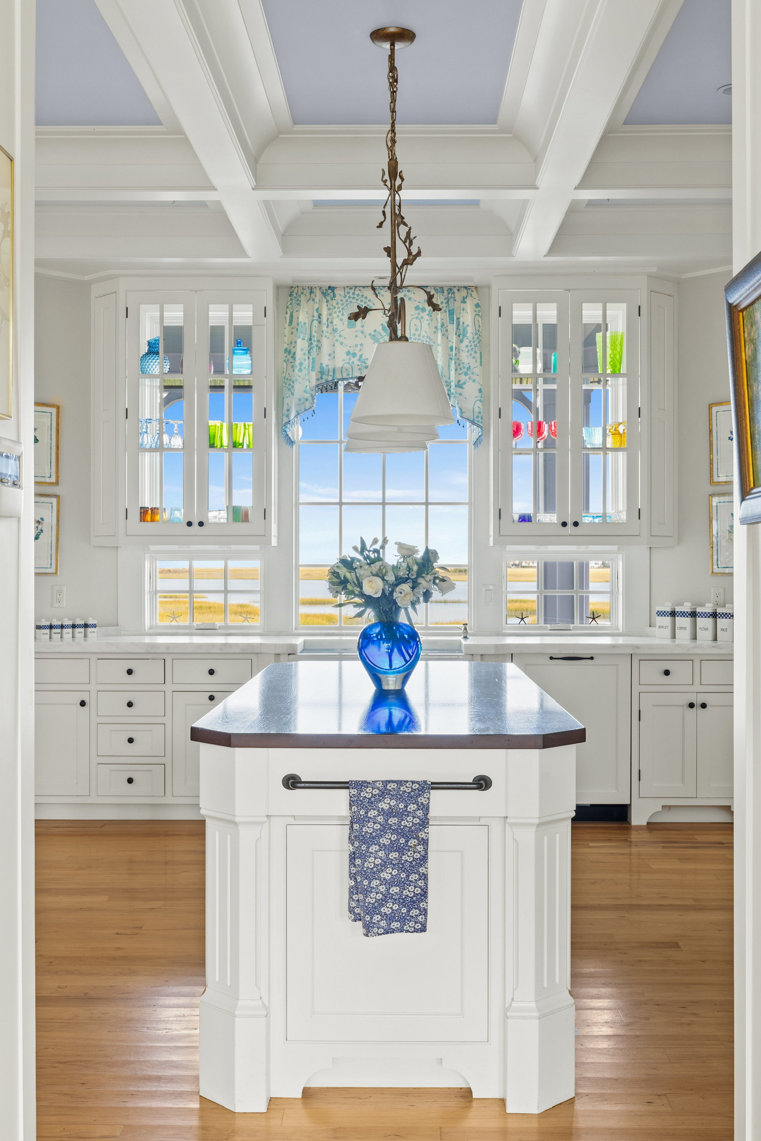 White kitchen with blue and white details